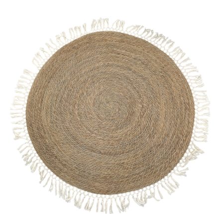Round braided jute rug with white fringe edging on natural beige fibers