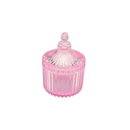 Pink ribbed glass candy jar with a domed lid and knob on top, decorative storage piece