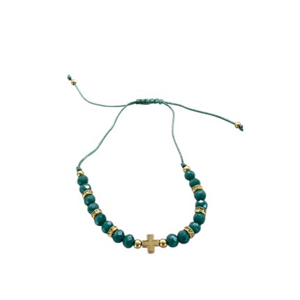 Teal beaded bracelet with gold cross charm and adjustable cord.
