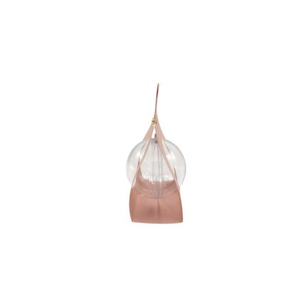 Pink tote bag with a large transparent bubble sphere as a decorative accent and pink straps.
