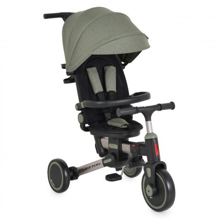 Green and black child stroller/trike with a large front wheel, padded harness, and a green canopy