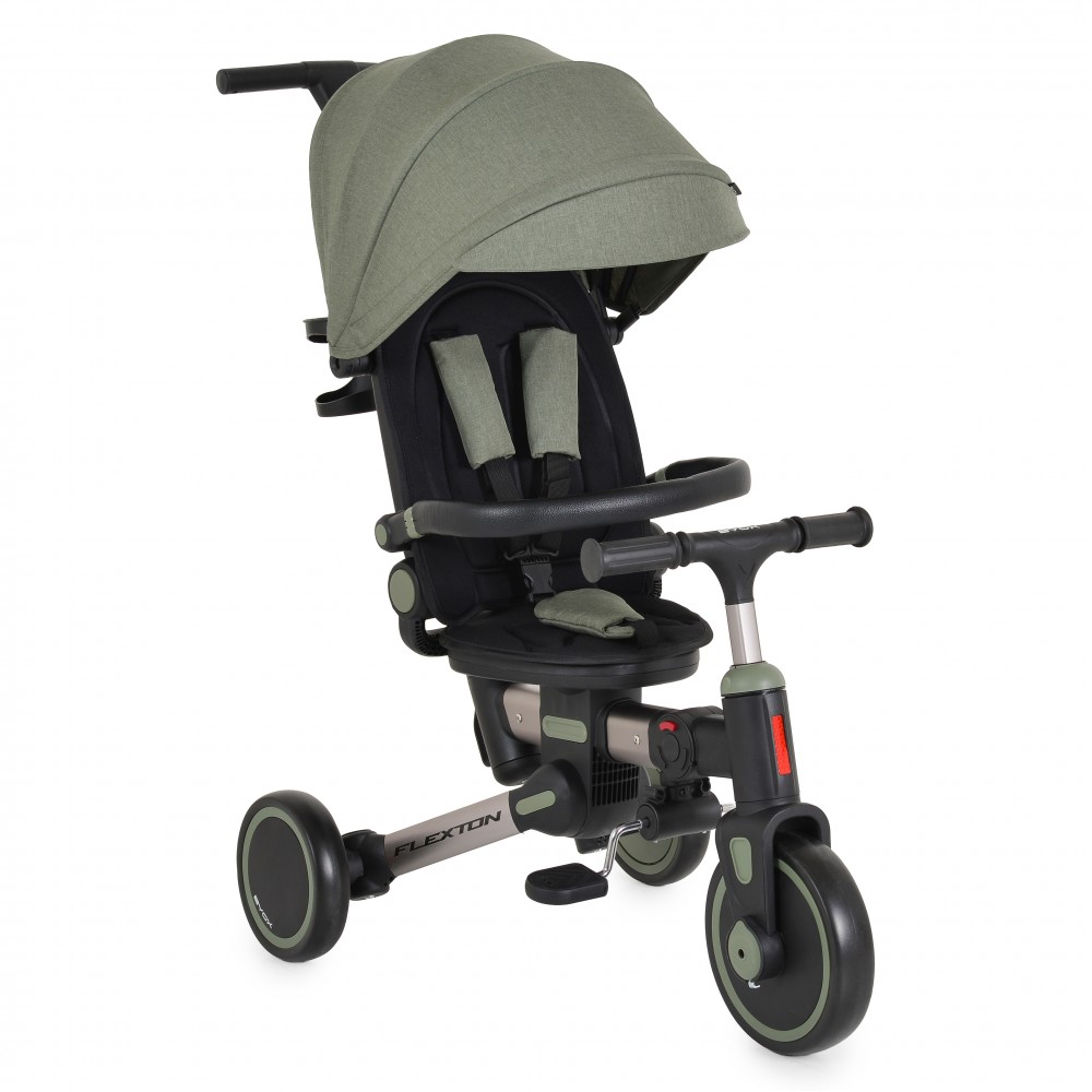 7462314-1000x1000 Green and black child stroller/trike with a large front wheel, padded harness, and a green canopy