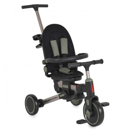 Child’s three-wheeled tricycle with a padded seat, safety harness, and a rear parent-push handle.