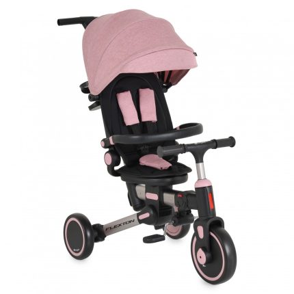 Pink and black three-wheeled stroller/tricycle for a child, with a pink canopy, padded seat, and safety harness.