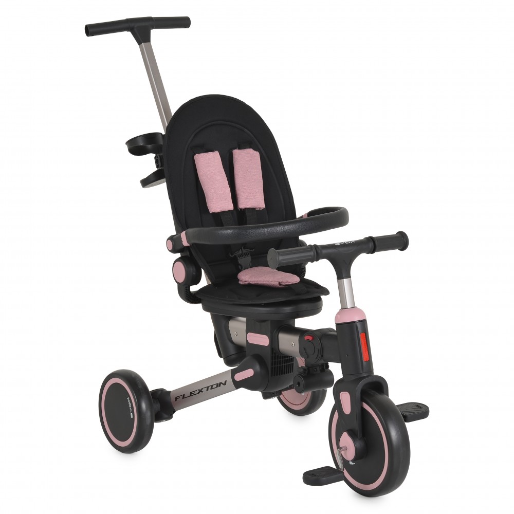 7462318-1000x1000 Pink and black kids' tricycle with padded seat, safety harness, and T-bar handle for pushing and steering