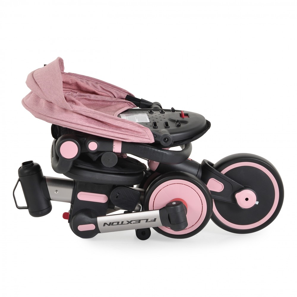 7462319-1000x1000 Folded pink and black baby stroller with large pink wheels, compact for storage and transport.