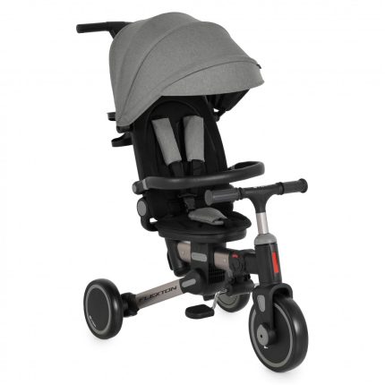 Three-wheeled baby stroller with a gray canopy and padded seat, ready for a child.