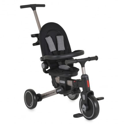 Adaptive baby/tricycle with a padded seat, safety harness, and rear-facing support for walking aid or mobility assistive device, black and gray