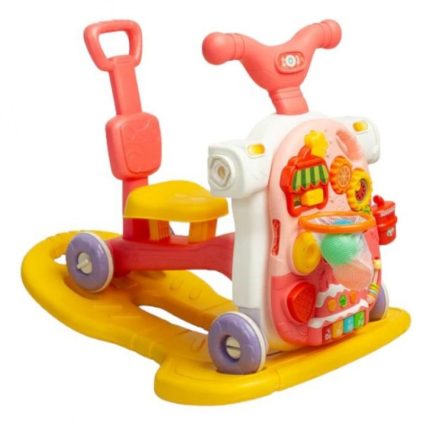 Colorful plastic ride-along toy for toddlers with a yellow base, pink handlebar, and busy front activity panel.