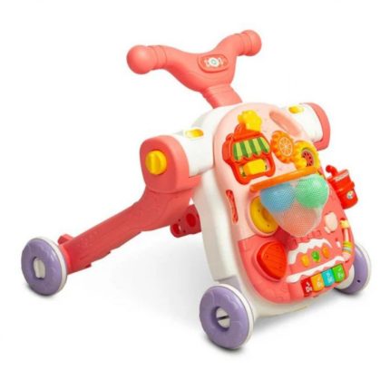 Pink and white toddler ride-on with a T-shaped handlebar and four wheels, featuring an interactive activity panel with colorful buttons and gears.