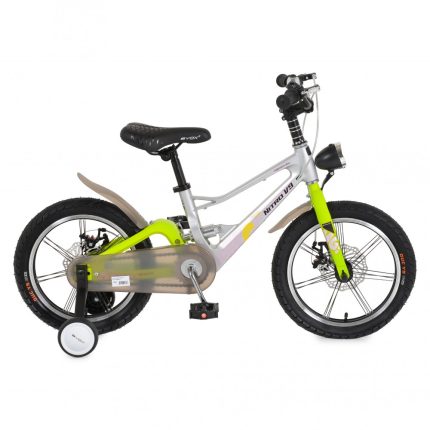 Children's pedal bike with training wheels, silver frame with neon green front fork, black saddle, and handlebars with bell; features chain guard and small front light.