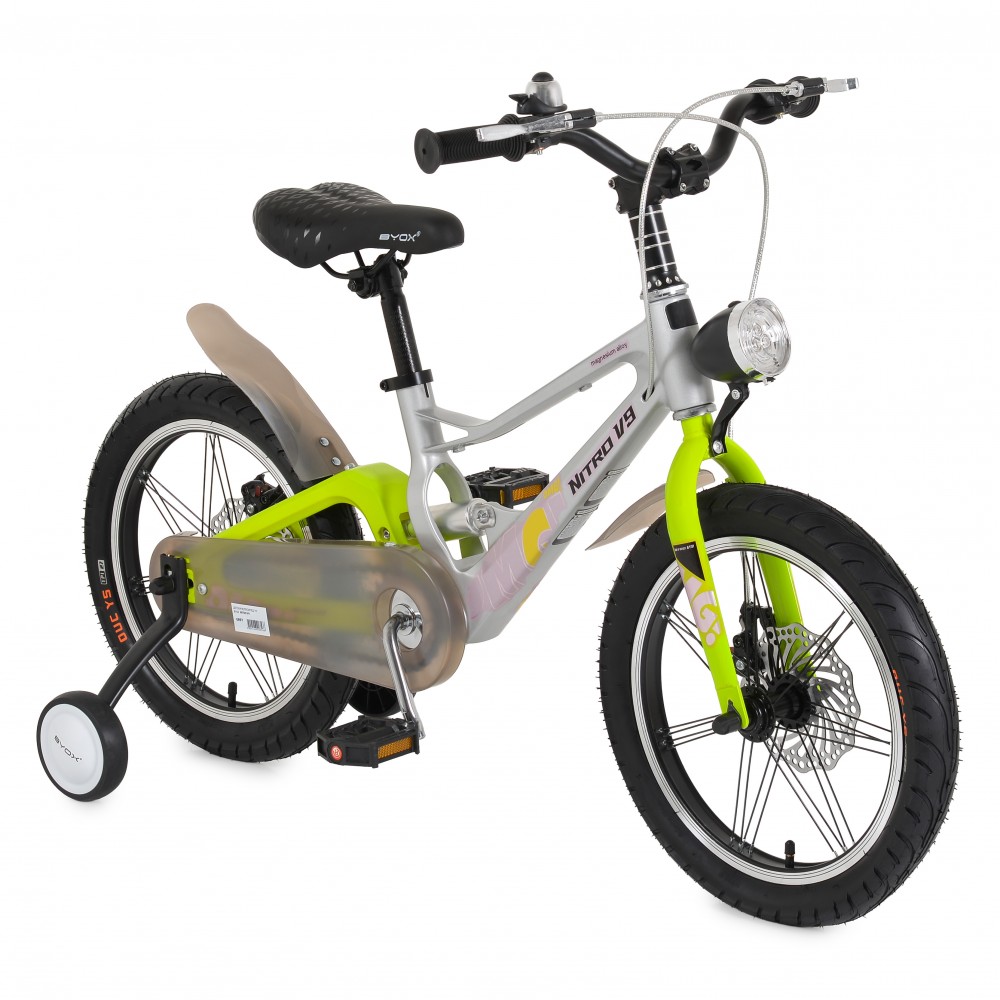 7462486-1000x1000 Kids' electric bike for children with training wheels, silver frame and lime-green front fork, and a front headlight