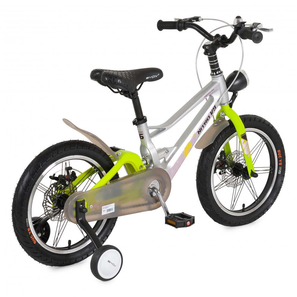 7462487-1000x1000 Child’s silver bike with neon green front fork and training wheels, ready for beginners (rear wheel with stabilizers).