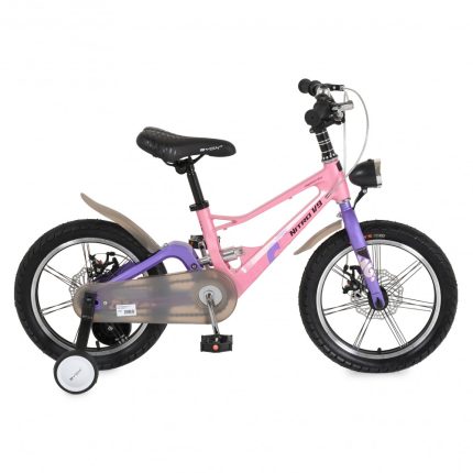 Pink and purple kids' bicycle with a small white training wheel, isolated on a white background, with a black saddle.