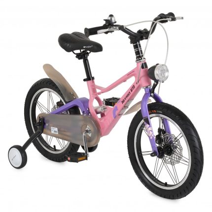 Colorful children's bike with training wheels, pink frame, purple front fork, and a front headlight on a white background.