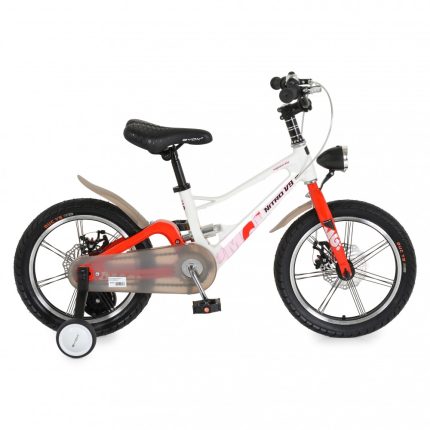 Kids' white and red bicycle with training wheels, black saddle, and protective chain guard.
