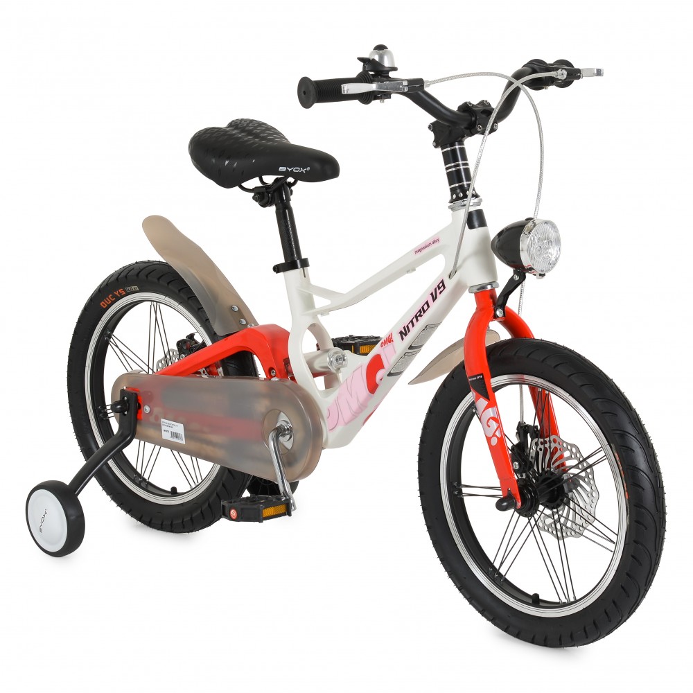 7462492-1000x1000 Child's white and red bicycle with training wheels, front headlight, and a chain guard on a white background