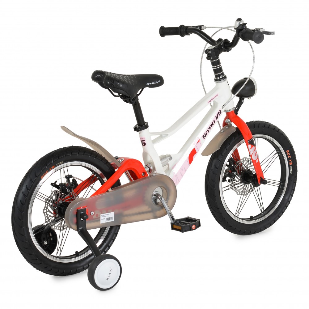 7462493-1000x1000 Kids' white and red bicycle with training wheels, front red fork, and chain guard; black seat and handlebars on a white background.