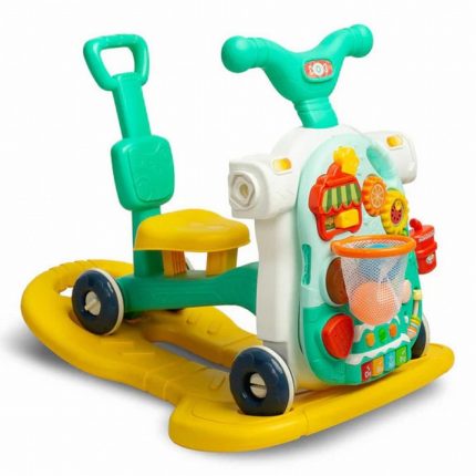 Colorful kids' ride-on toy with a yellow base and teal push handle, featuring an activity panel with buttons and a net basket at the front.