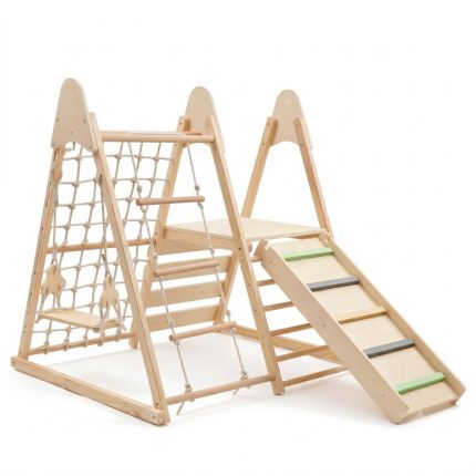 Wooden kids' indoor playset with climbing net, rope ladder, and a small slide on a frame structure.