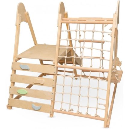 Wooden indoor kids' climbing frame with a rope net and built-in drawers on the side for storage.
