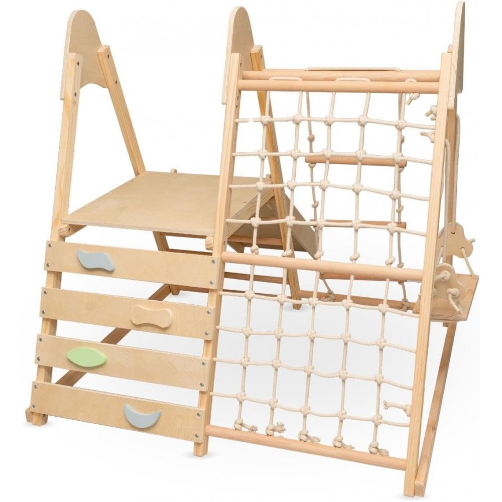 7462558-1000x1000h Wooden indoor kids' climbing frame with a rope net and built-in drawers on the side for storage.