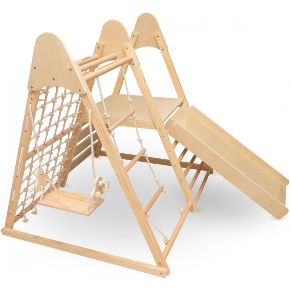 7462559-1000x1000w Wooden outdoor playset with a slide, climbing ropes, and swing seat on a frame