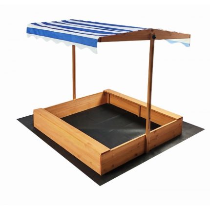 Wooden square sandbox with a blue-and-white striped canopy on two posts over a black ground liner.