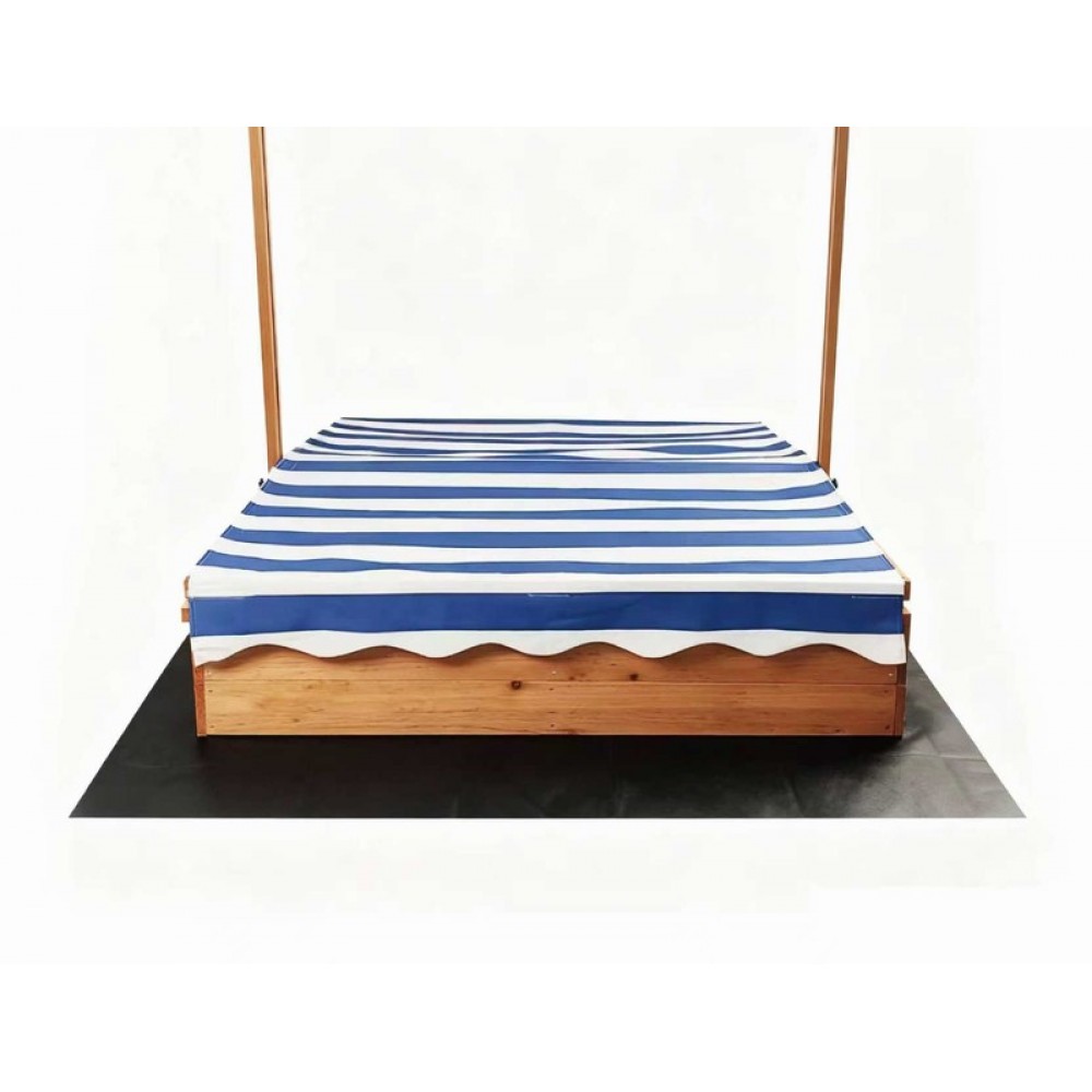 7462561-1000x1000w Wooden four-poster bed with blue-and-white striped bedding and a wavy white trim.