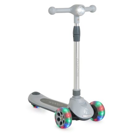 Grey kid's kick scooter with a T-bar handle and rainbow LED wheels on a wide deck.