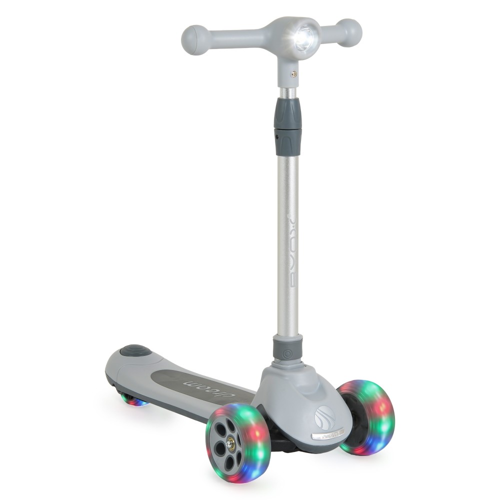 7462569-1000x1000 Grey kid's kick scooter with a T-bar handle and rainbow LED wheels on a wide deck.