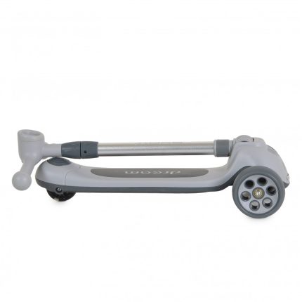Folded gray kids' kick scooter with handlebars folded along the stem and a long deck.
