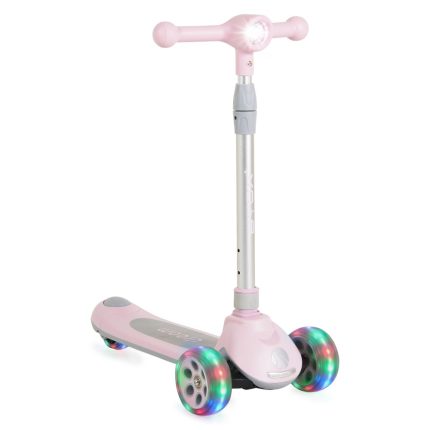 Pink kids' scooter with a T-bar handle and LED rainbow wheels, standing upright on a white background.