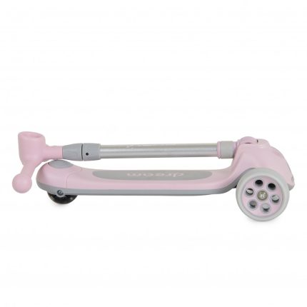 Pink kids' kick scooter folded for storage, with gray handlebars and pink wheels on a white background.