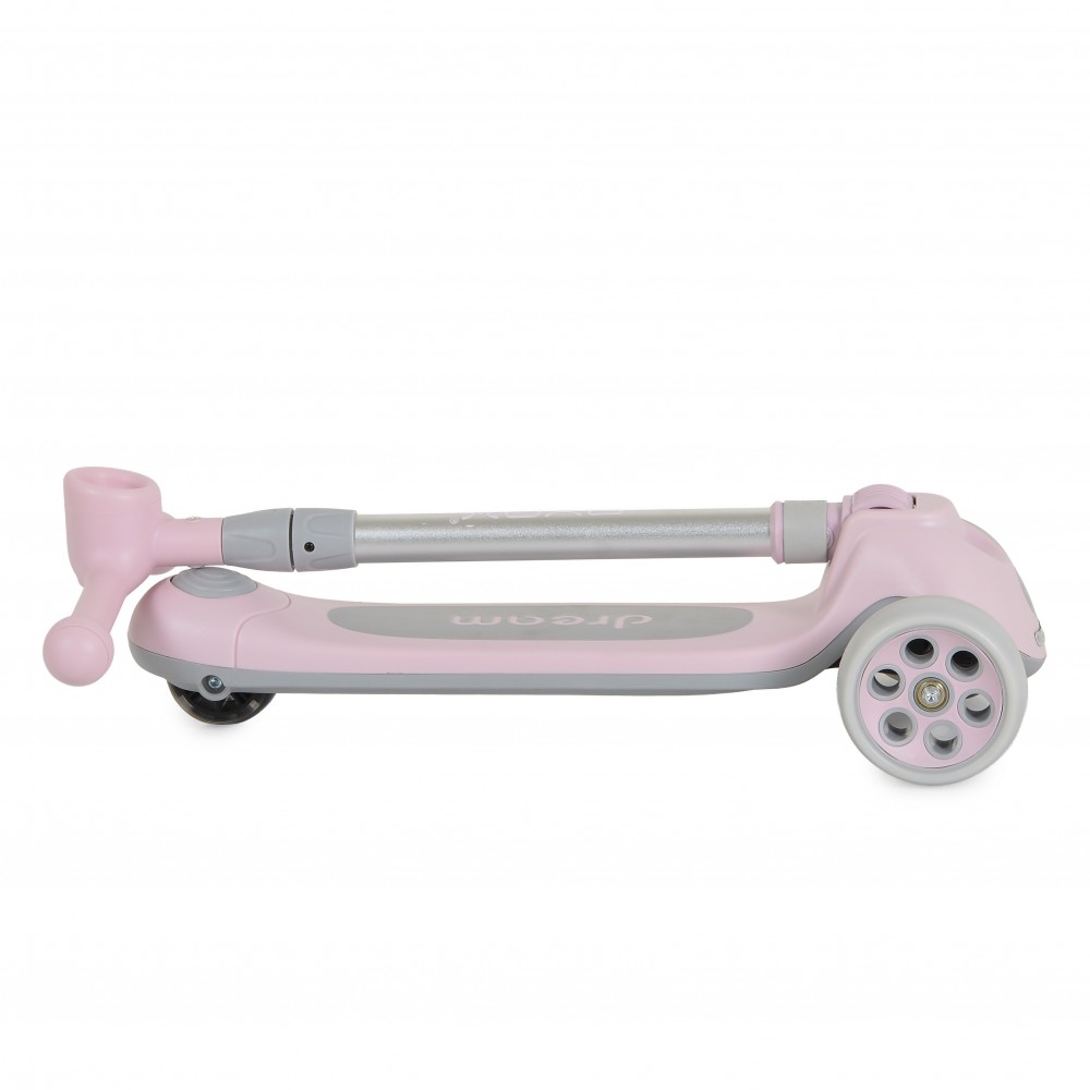 7462573-1000x1000 Pink kids' kick scooter folded for storage, with gray handlebars and pink wheels on a white background.