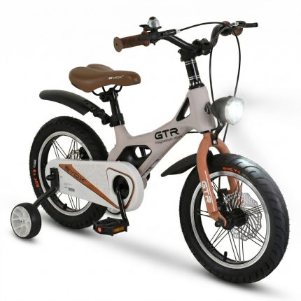 Electric children's bike with brown seat, training wheels, and white-gray frame labeled GTR magnesium alloy, front light and brown fork caps visible.