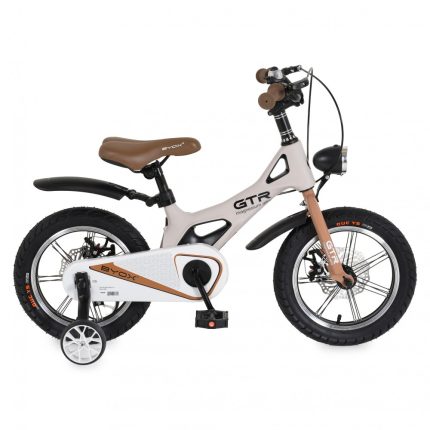Kids' beige and brown pedal bicycle for beginners with training wheels, wide tires, and a protective chain cover on a white background.