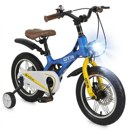Blue and yellow kids' electric bike with training wheels, brown saddle, and bright front headlight on.