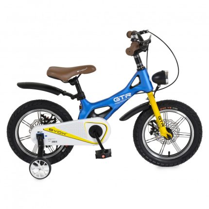 Kids' blue and yellow pedal bike for beginners with brown saddle and training wheels (stabilizers) on a white background
