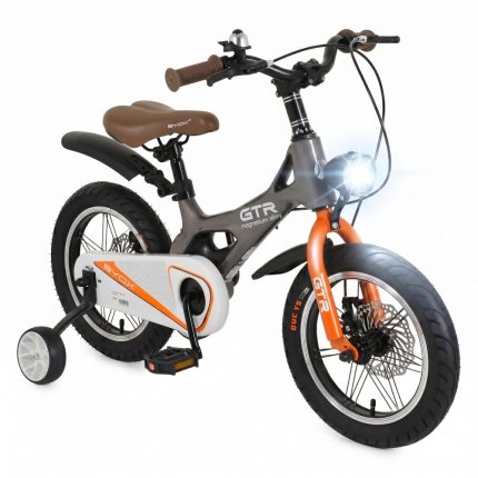 Electric kids' bicycle with training wheel, orange front fork, and brown saddle on a gray magnesium alloy frame with a large white battery housing.