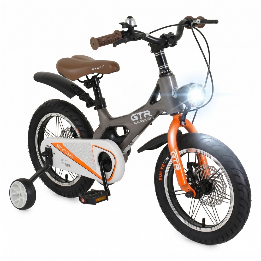 7462662-1000x1000 Electric kids' bicycle with training wheel, orange front fork, and brown saddle on a gray magnesium alloy frame with a large white battery housing.