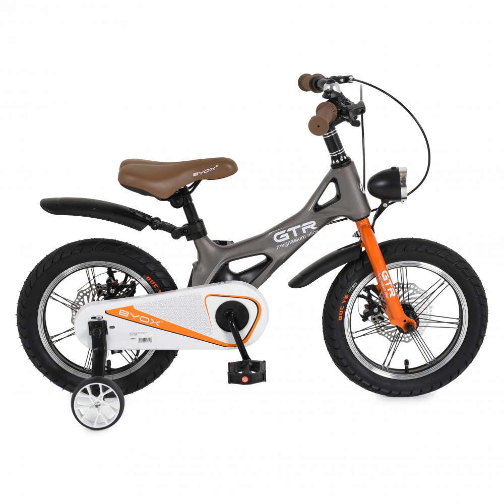 7462663-1000x1000 Kids' balance bike with training wheels, gray frame, brown saddle, and orange front fork and chain guard