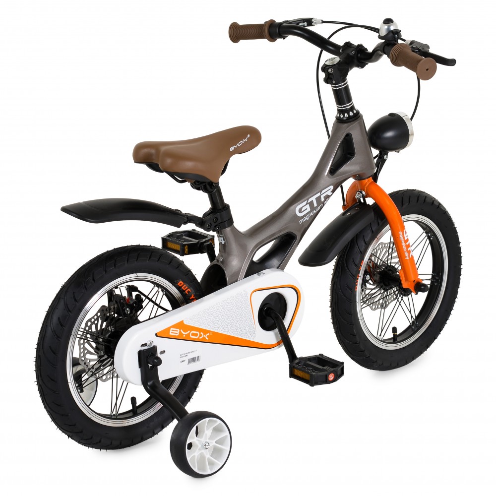 7462664-1000x1000 Child-sized electric bike with training wheels, brown saddle, orange front fork, and white chain guard (BYOX) against a white background.
