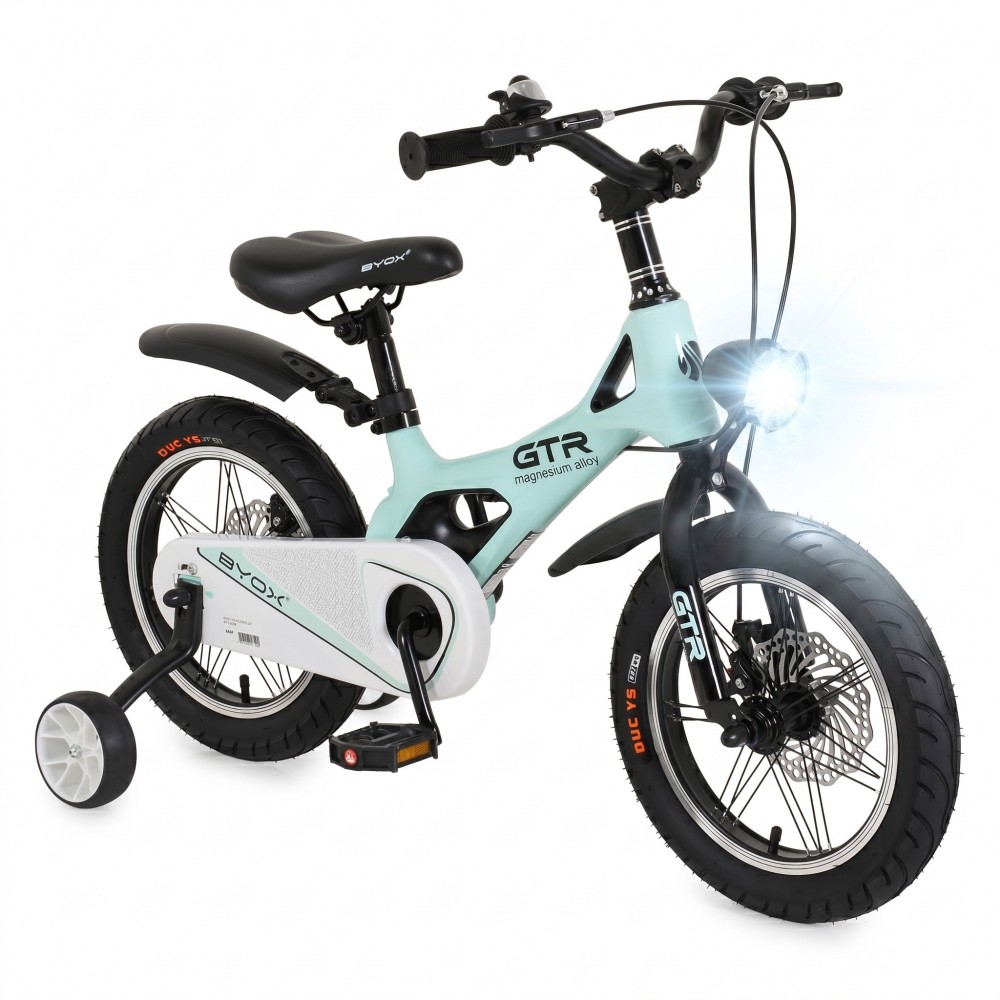 7462665-1000x1000 Children's electric bicycle with training wheels, light blue frame, front headlight on, and thick tires on a white background.
