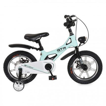 Light blue children's bike with training wheels and a white chain guard, designed for young riders with a sturdy frame and black tires.
