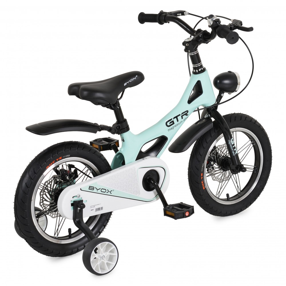 7462667-1000x1000 Electric kids' bicycle with training wheels, mint-blue frame, black handlebars, and white chain guard, ready to ride.