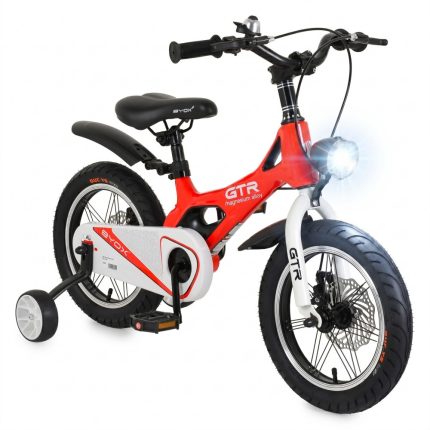 Red children’s electric bike with training wheels, a front headlight, and a curved red frame labeled with GTR/Magnesium Alloy styling.