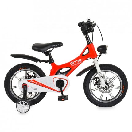 Red kids' bicycle with training wheels, white chain guard, black seat, and front light, designed for children learning to ride.