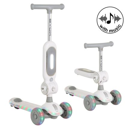 Two white kids' scooters with LED-lit wheels and a gray T-bar, shown from front and side angles; includes a 'with music' badge.