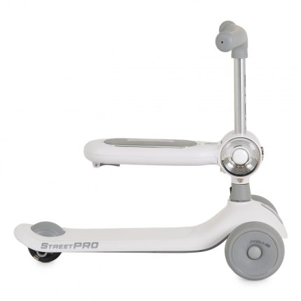 White StreetPRO kick scooter with gray wheels and padded handlebars, shown in profile for kids' riding.